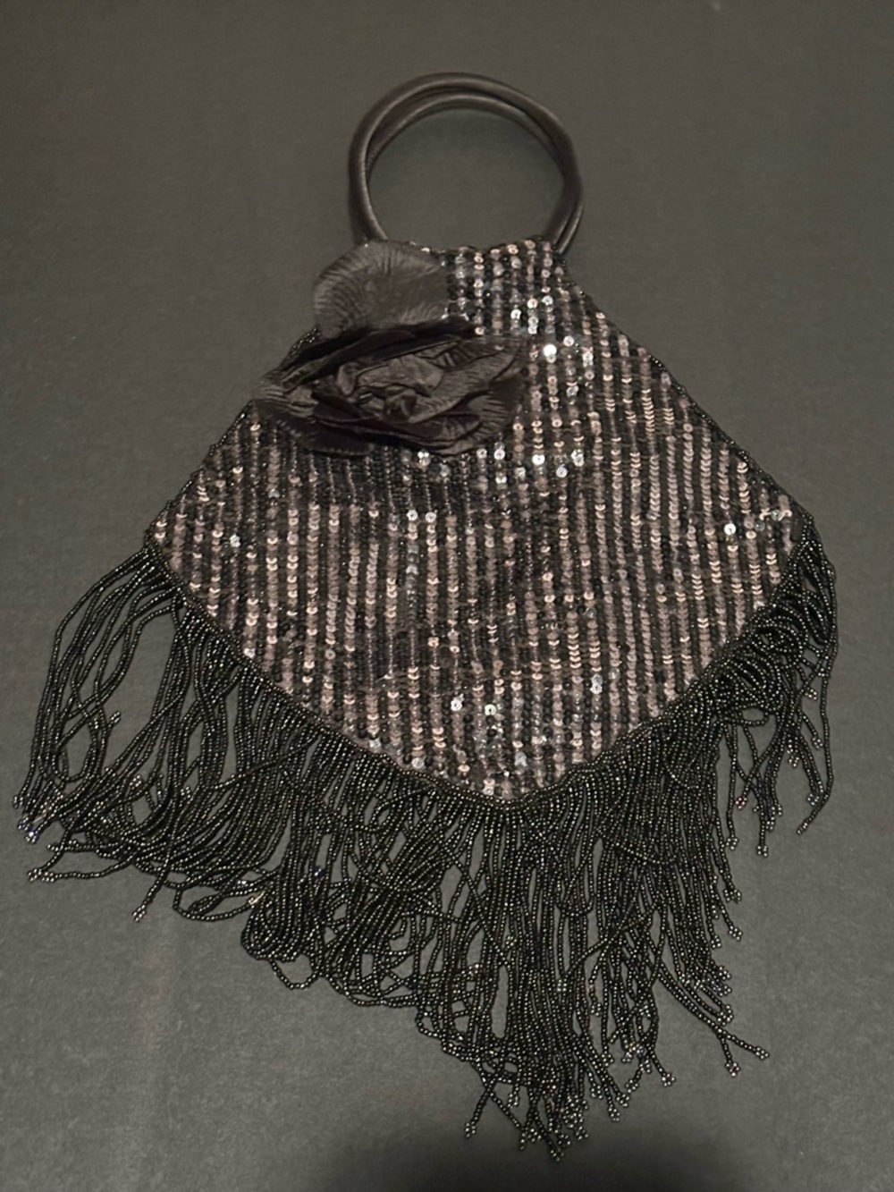 Black Sequin Fringe Evening Bag with Rose Accent